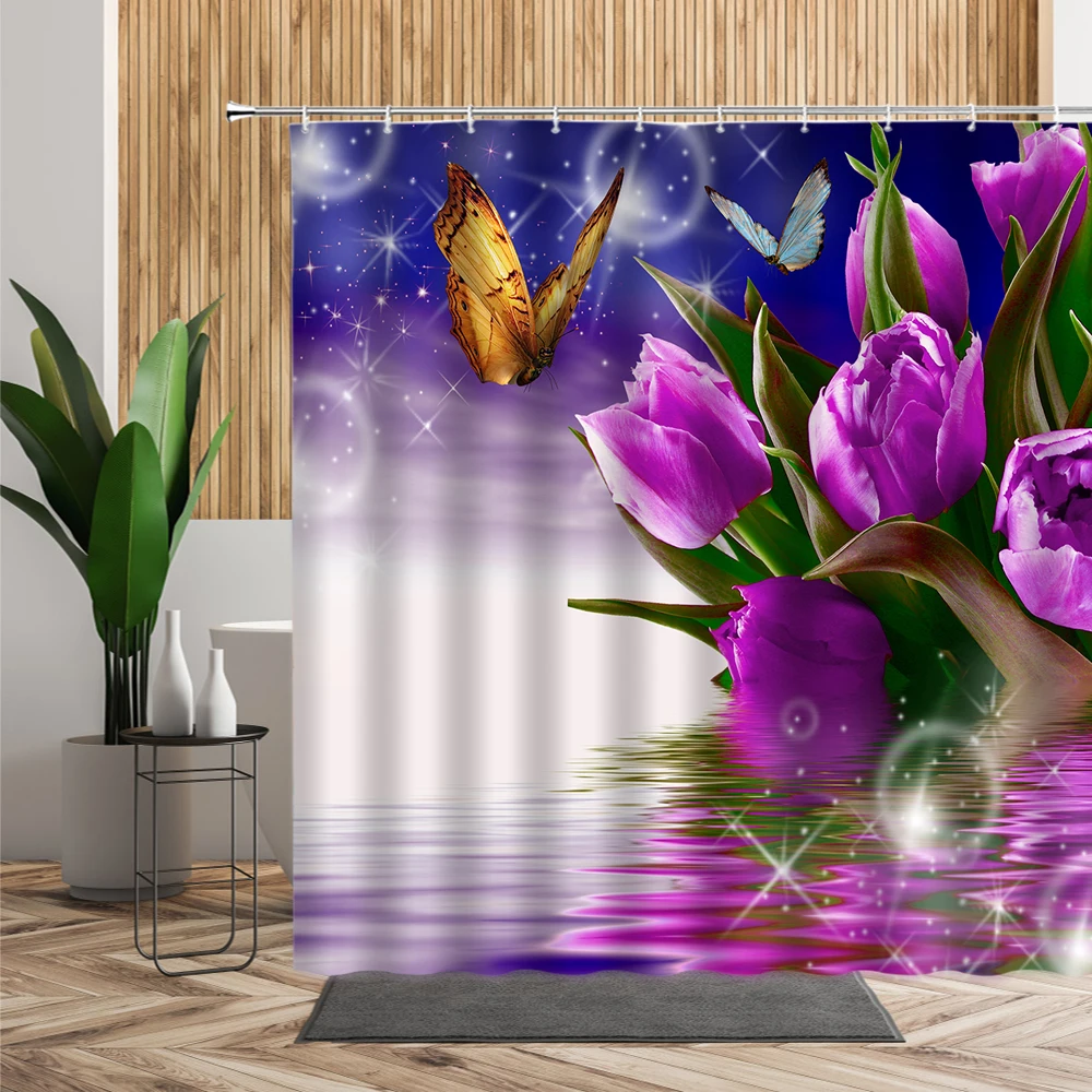 Весенняя занавеска для душа с 3D изображением бабочек и цветов красная фиолетовая