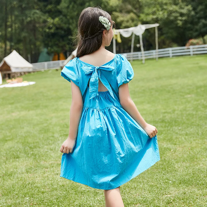 

2021 Girl Dress Summer Blue Bowtie Princess Dress Elegant Kids Dresses for Girls Cotton Children's Clothing 6 8 10 12 14 Years