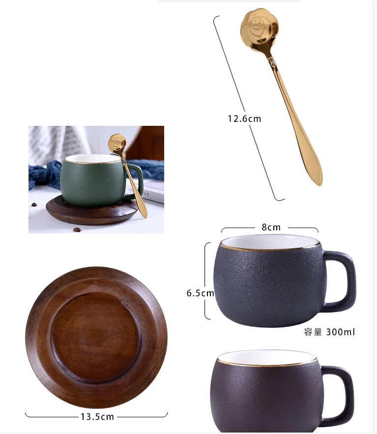 European-style Ceramic Coffee Cup and Saucer Set Wooden Tray Gold Spoon Simple Afternoon Tea Home Decoration Accessories | Дом и сад