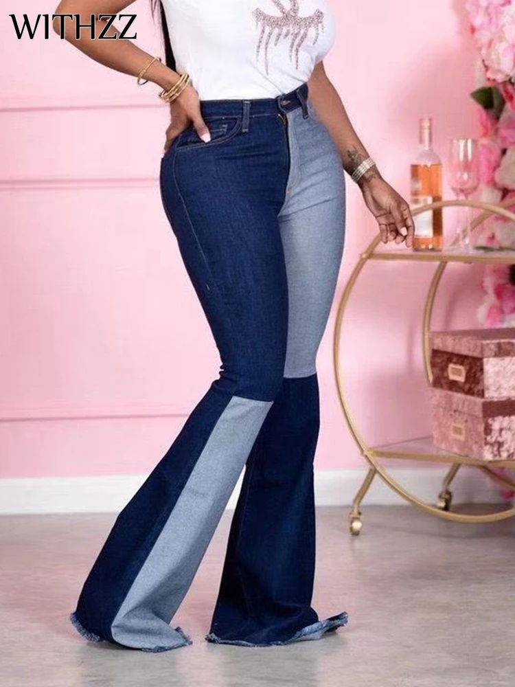 

WITHZZ Women's Fashion Stitching Denim Flares Trousers Wide Leg Pants Jeans