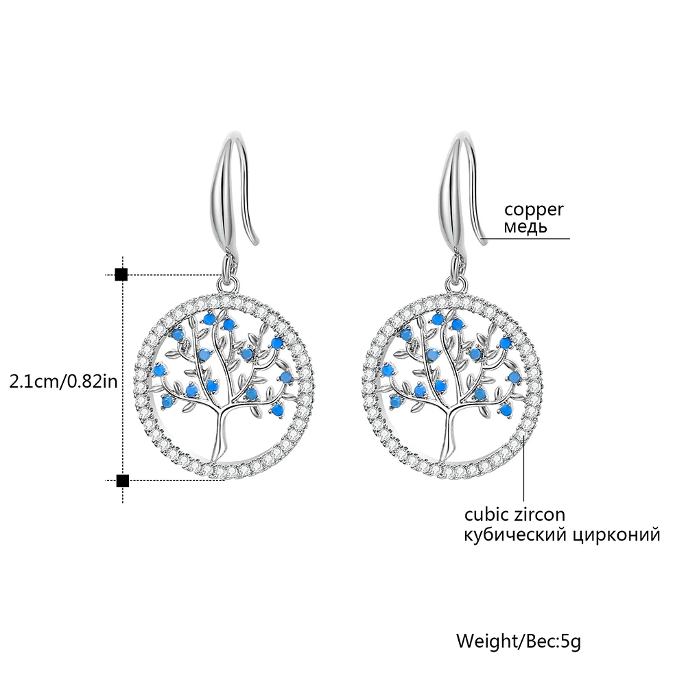 Модные изысканные серьги-подвески с кубическим цирконием и деревом жизни для