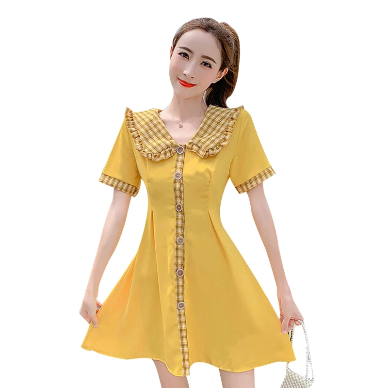 

French Plaid Single-Breasted Doll Collar Dress 2021 New Summer Waist Slimming Temperament Platycodon Grandiflorum Fairy Girl