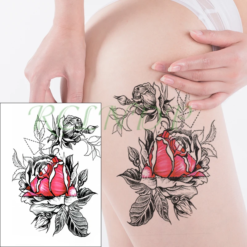 

Waterproof Temporary Tattoo Sticker big red rose flower leaf datura Fake Tatto Flash Tatoo large size tattoos for Girl Women Men