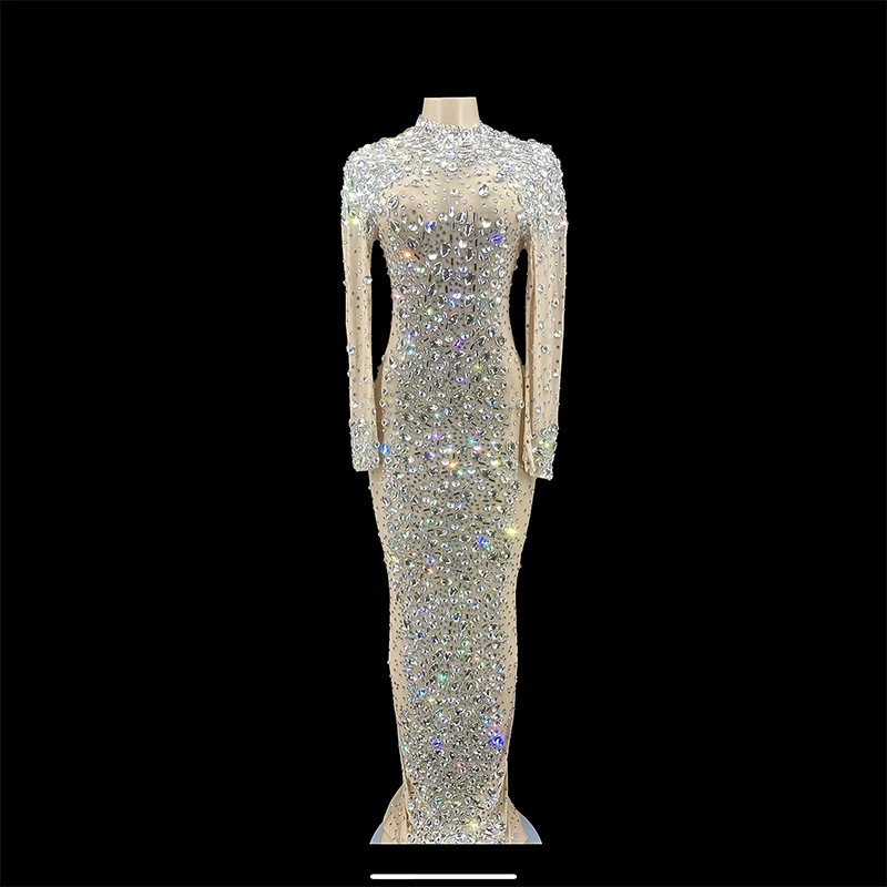 

Блестящее серебряное длинное прозрачное платье стразы, вечернее празднование дня рождения, роскошный костюм, танцевальное мигающее платье