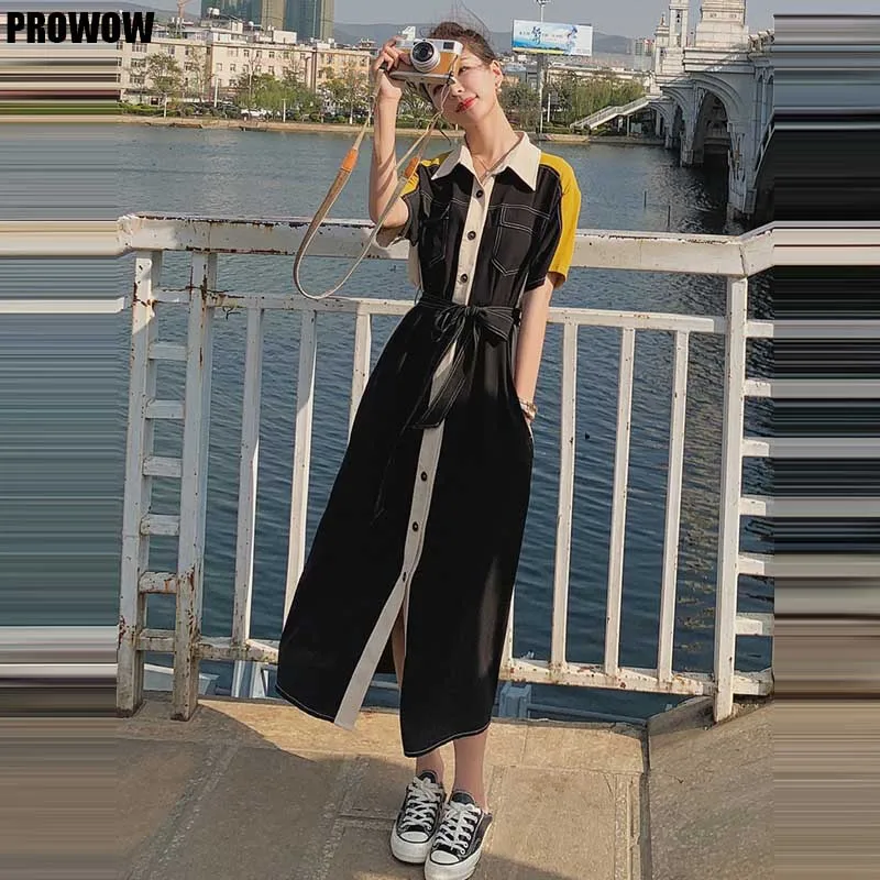 

Korean Elegant Women Color Block Dresses French Fashion One-Piece Slim Single-Breasted Dress 2021 Summer Ladies Dress Midi Dress