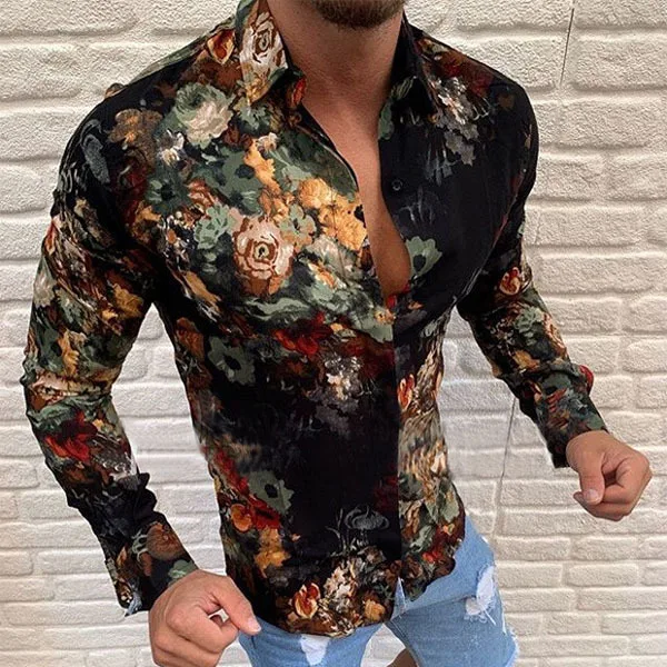 

Men's Long Sleeve Spring Casual Button-Down Shirts Top Fashion Floral Print Business Slim Tops Male Holiday Comfort Shirts
