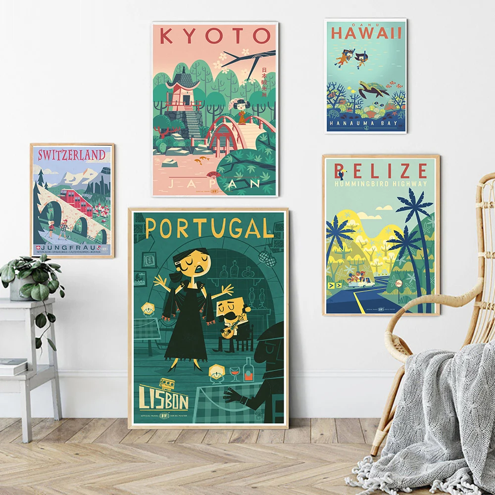Скандинавский мультяшный постер для путешествий Япония Португалия гавайский