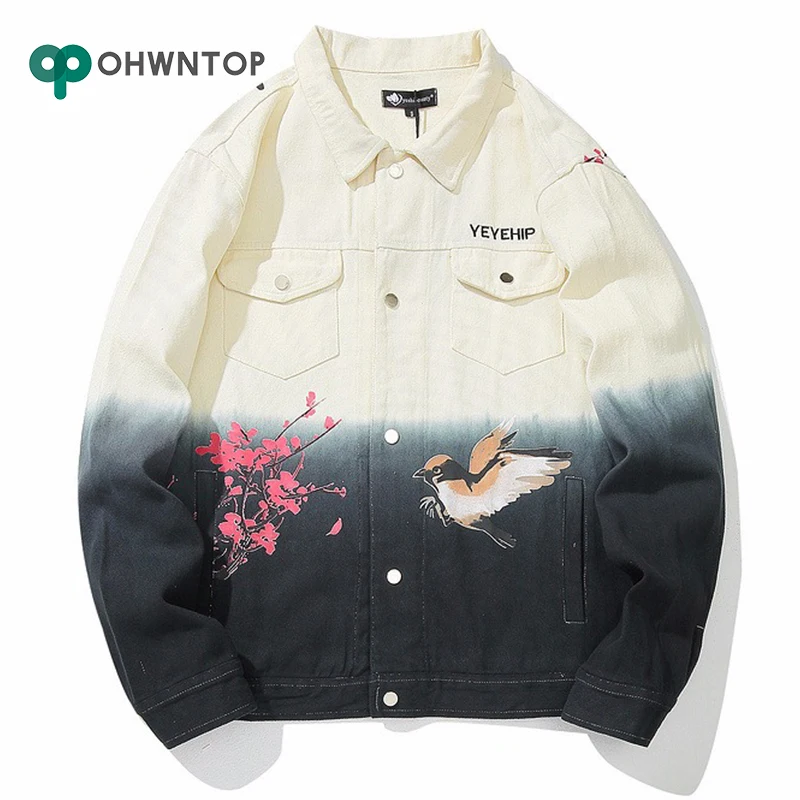 Хип Хоп Уличная джинсовая куртка для мужчин с цветком птичка джинсовое пальто