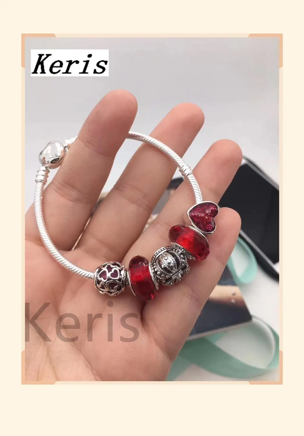 Высокое качество репродукция 1:1 серебро 100% шарм красное стекло бусины короны