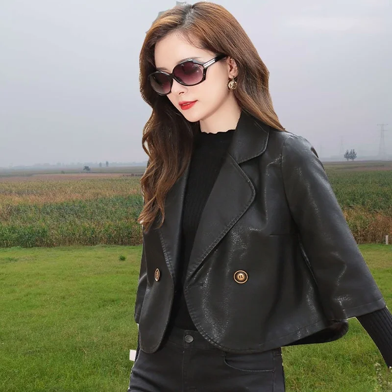 

Spring Autumn Women PU Faux Leather Jacket Streetwear Black Leather Coat Biker Moto Jacket with Button Female Outerwear Y483