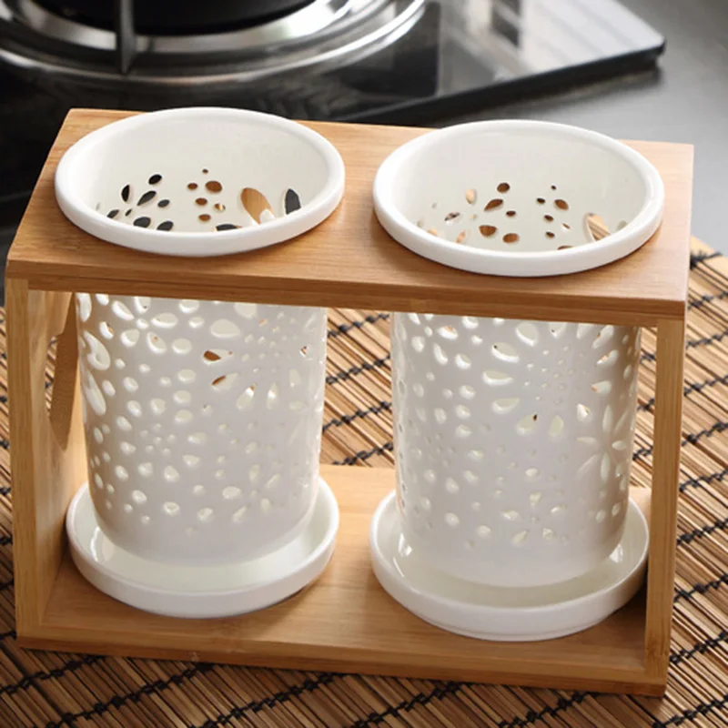 Wood Ceramic Chopsticks Bucket Double Cylinder Storage Rack Tableware Box Kitchen | Дом и сад