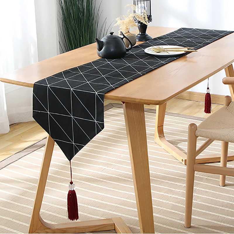 Simple Diamond Pattern Table Runner Black Cotton Modern Geometric Printing Family Banquet Decoration | Дом и сад