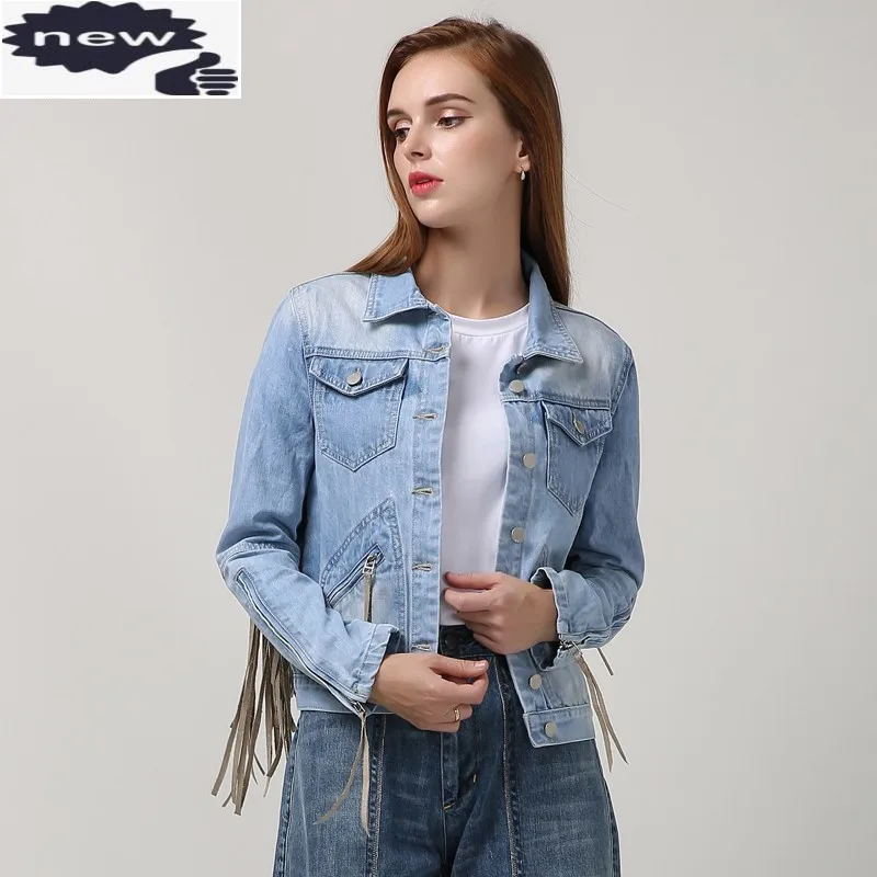 European Style Women Denim Fashion Single Breasted Tassel Outwear Pocket Zipper Jacket Streetwear Slim Fit Jean Jackets