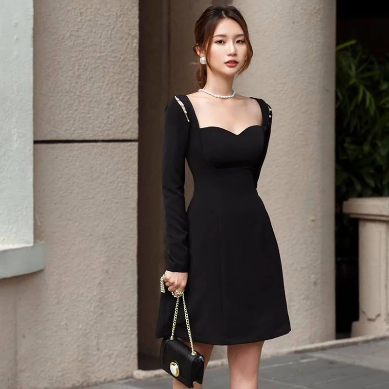 

Rapwriter y2k Pearl Patchwork Mini Dress Vintage Square Collar Short Dress Hollow Out Party Dress Women Korean Streetwear 2000s