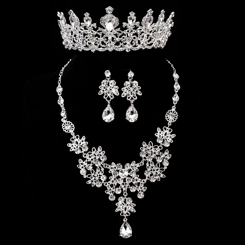 3PCS Set Silver KMVEXO 3 шт великолепные наборы свадебных ювелирных изделий из кристаллов ожерелья со стразами серьги Корона тиары африканские бусины комплект ювелирных изделий «Дубай» - Окраска металла: 3PCS Set Silver