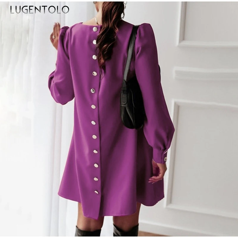 

Lugentolo Women Princess Dress Spring Long Sleeve Round Neck Single Breasted Solid Temperament Female Fashion Casual Short Dress