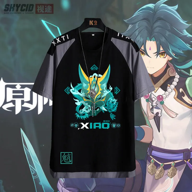 

Костюм Xiao Genshin Impact Xiao Manga для мужчин, Модная хлопковая футболка с короткими рукавами для косплея, топы, одежда в стиле оверсайз, японская аним...