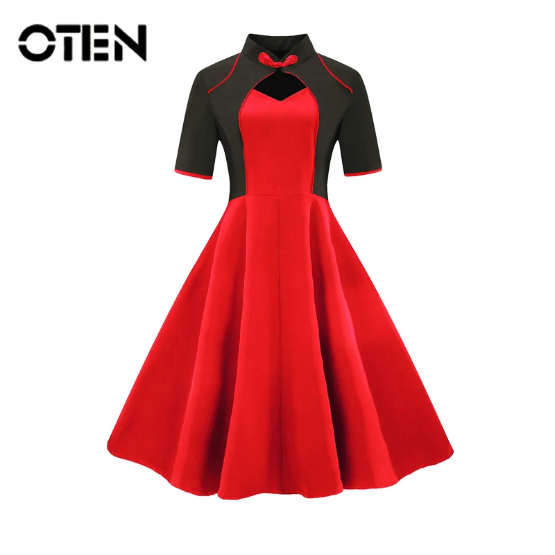 OTEN, плюс размер, 4XL, китайский стиль, искусственная куртка, цельное, лето, женское, сексуальное, полое, рокабилли, винтажное, на булавке, приталенное платье