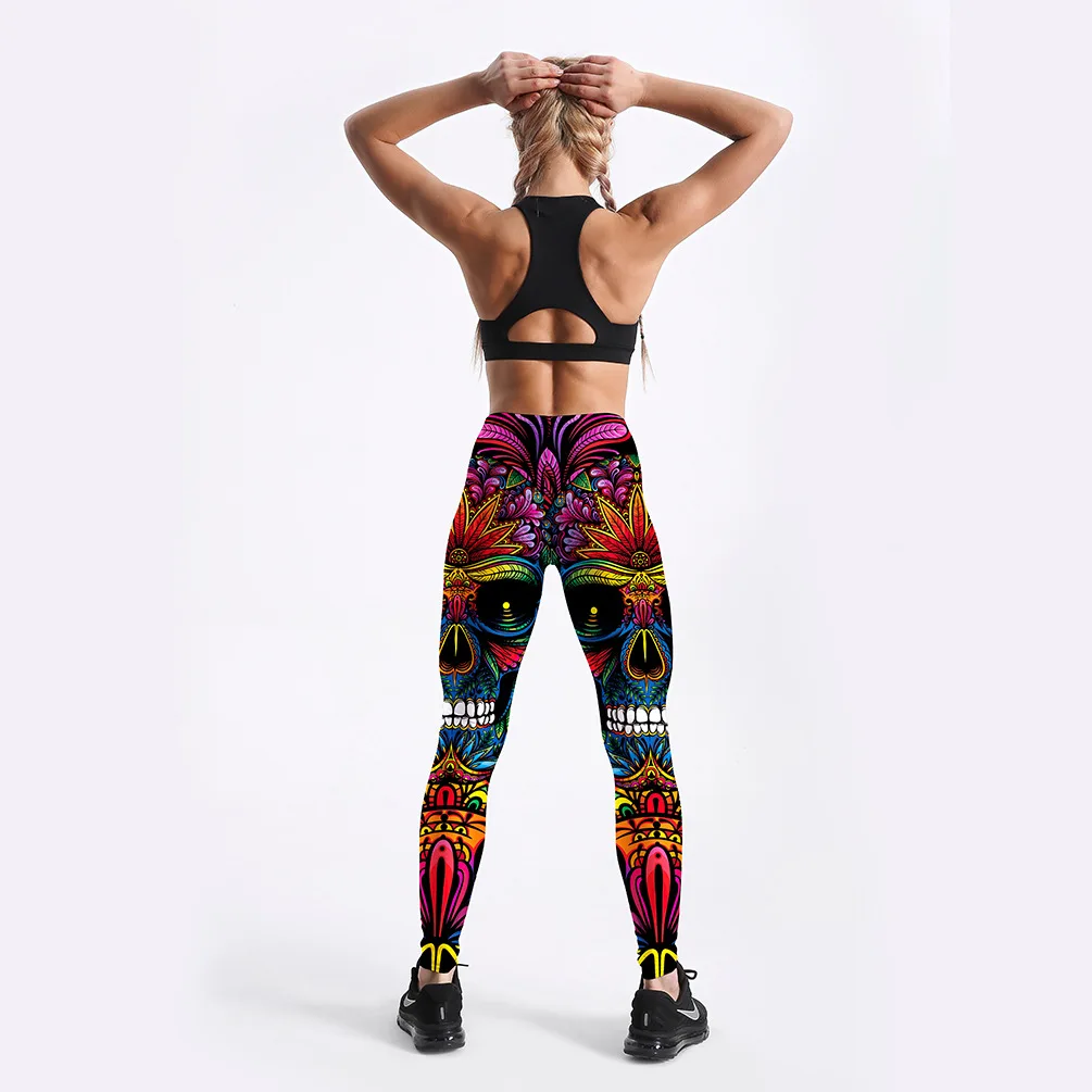 

Women Leggings Color Skull&Leaf Printed Leggings Slim Workout Leggings Punk Girl Trousers Drop Shipping