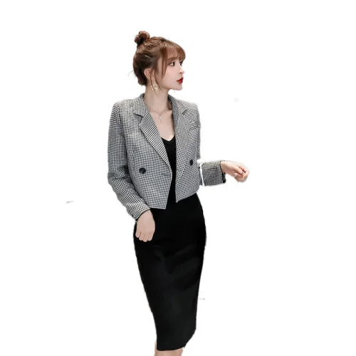 Женский офисный костюм-двойка блейзер с одной пуговицей короткое пальто