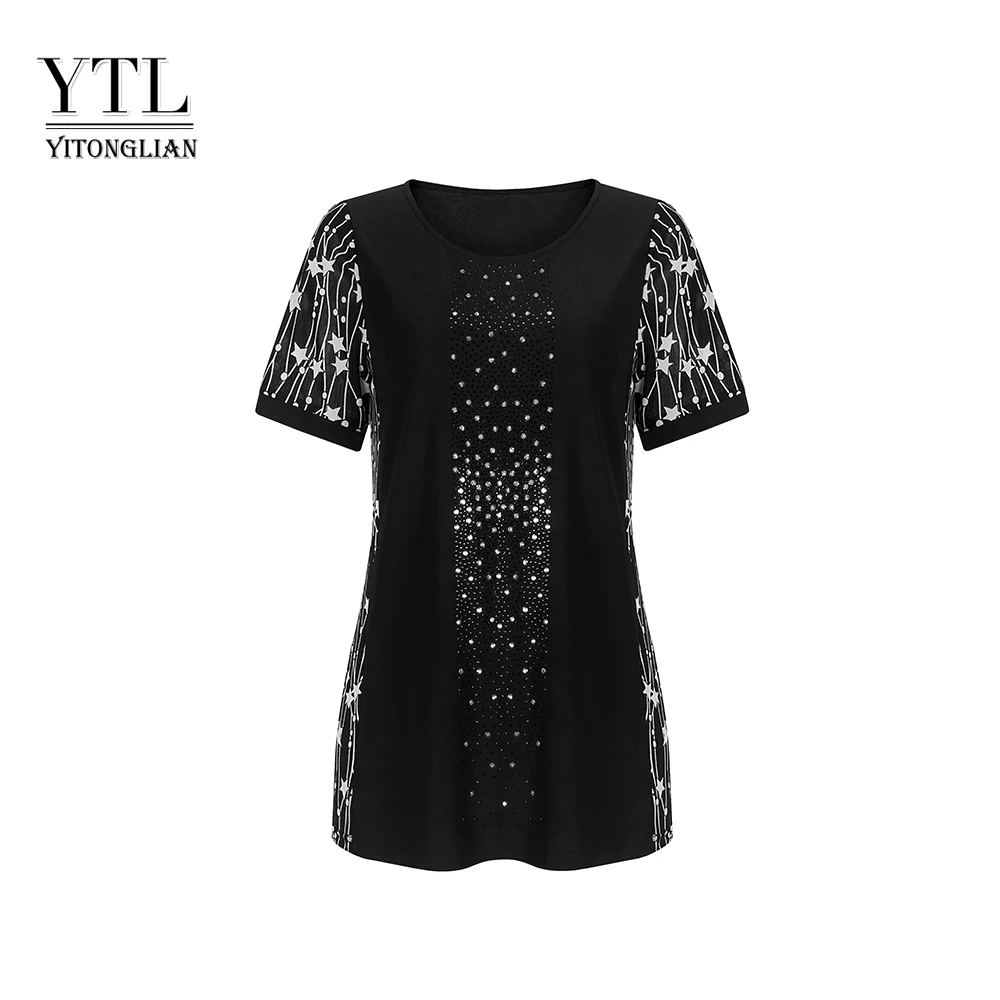 

Summer Round Collar Stars Rhinestone Decorations Short Sleeve T-shirt Women's Plus Size Elegant Tops Loose Casual Tee Shirt W015