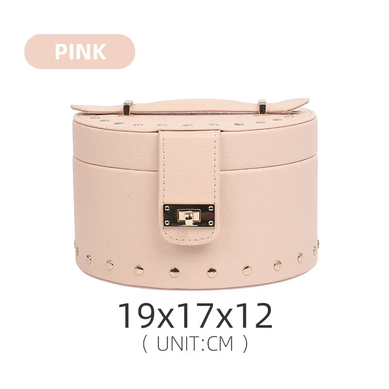 Portable Pink Pu Leather Jewelry Display Box With Mirror For Women Earring Ring Pendent Bracelet Showcase Jewellery Organizers