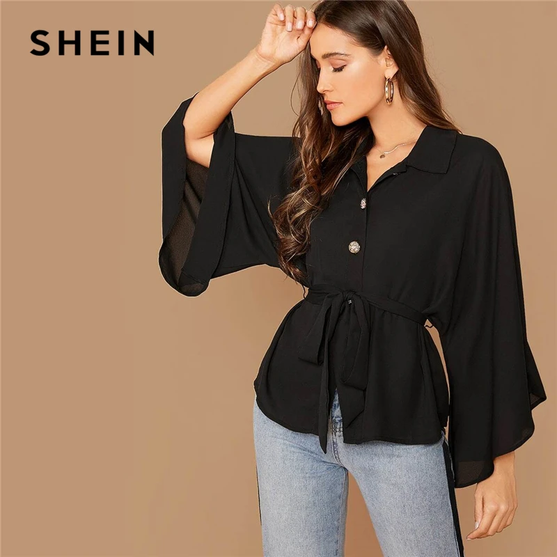 

SHEIN Burgundy Kimono Sleeve Gold Button Belted Shirt Blouse Women Spring Autumn Solid Casual Oversized Tops and Blouses