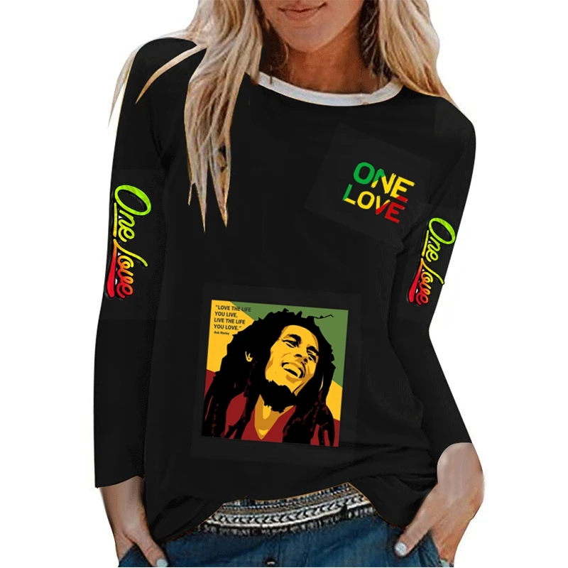 

Ladies Fashion T-shirt Bob Marley 3D Printing Casual Round Neck Graphic Long Sleeve Cute Pullover 2021 Summer Top Harajuku Shirt