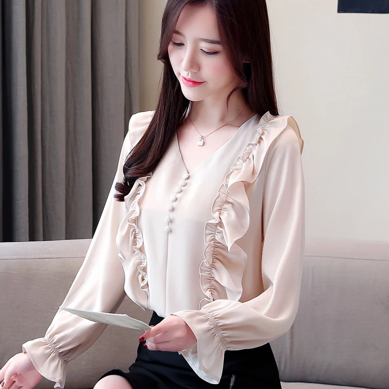 

Korean Women Blouses Chiffon Blouse for Women Long Sleeve Blouses Shirts Woman Ruffles Blouse Tops Plus Size Ladies V Neck Shirt