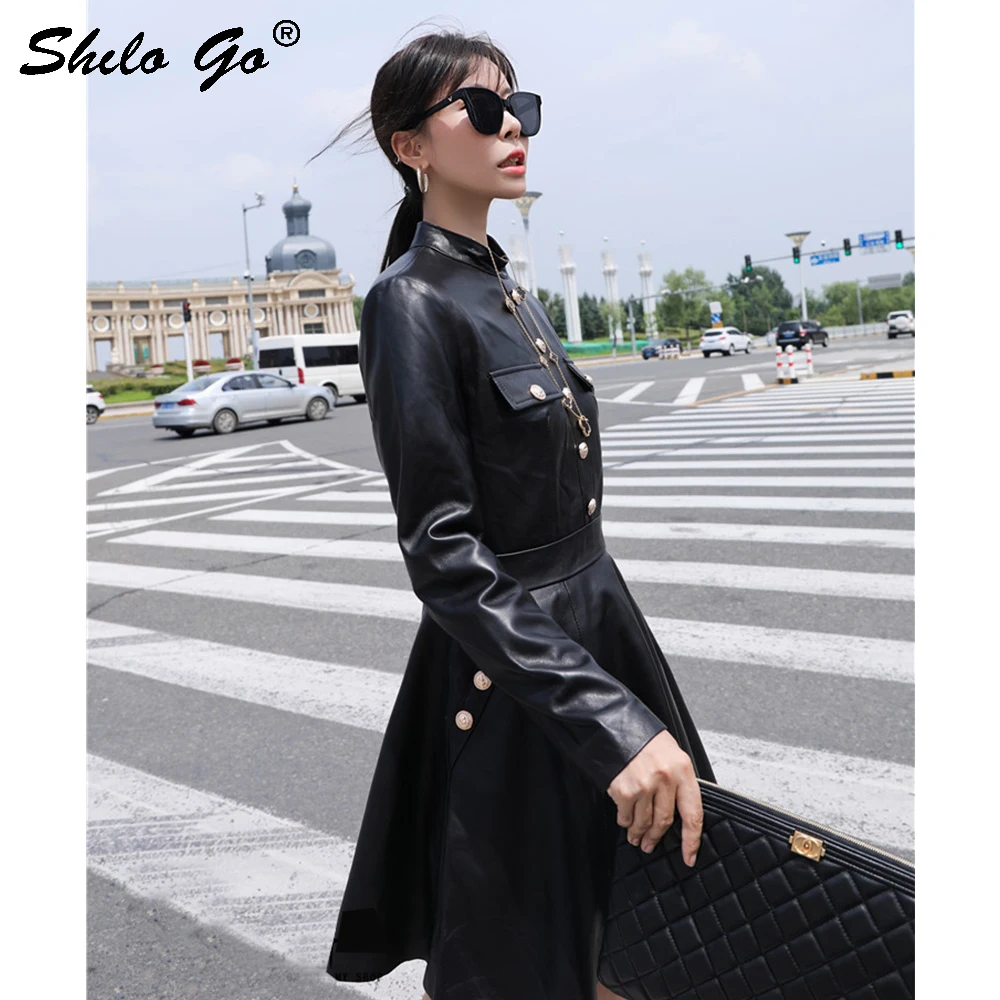 Genuine Leather Dress Black Mock Neck Button Detail Long Sleeve High Waist Elegant Women Autumn Fit and Flare Short Dresse | Женская