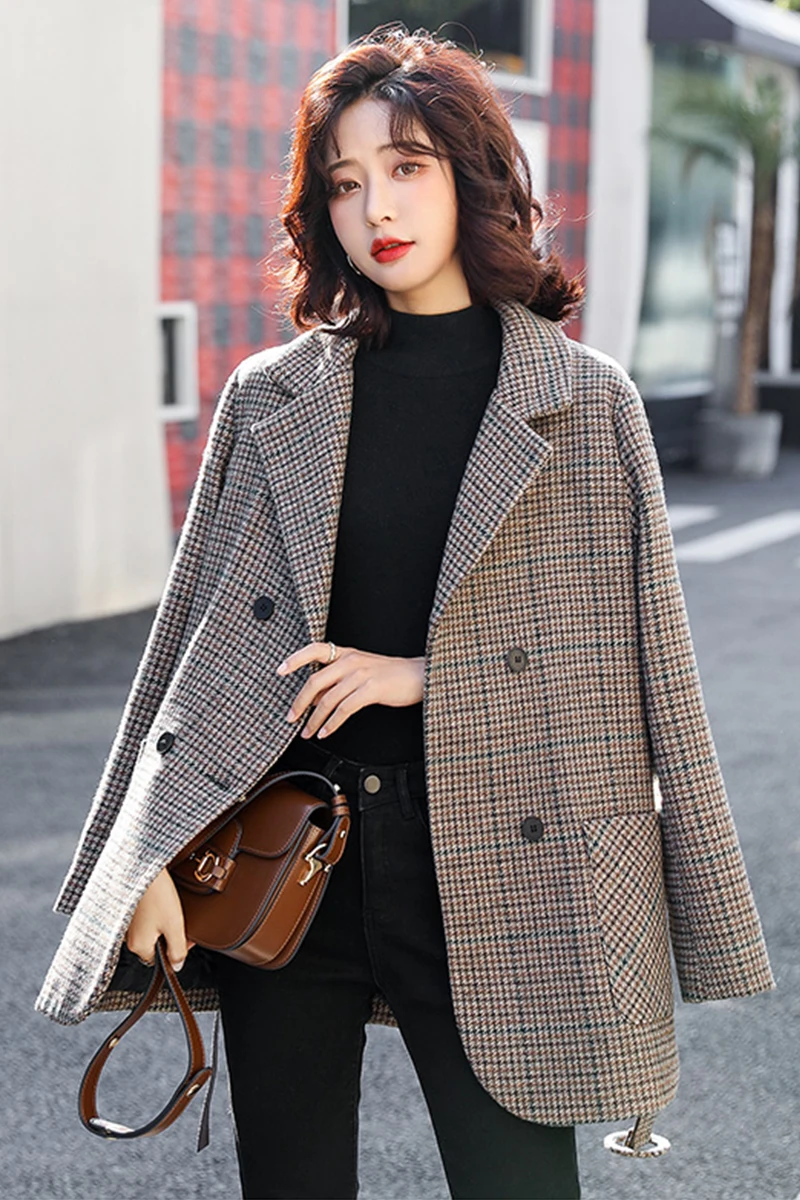 

Plaid Female Outwear New Autumn Winter Medium-long Long Sleeve Woolen Coats Loose Double Breasted Women Wool Overcoat Thick