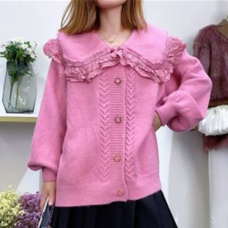 Женский трикотажный кардиган однобортный свитер с оборками и отложным