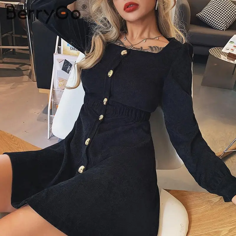 BerryGo винтажное вельветовое зимнее платье с длинным рукавом однобортное