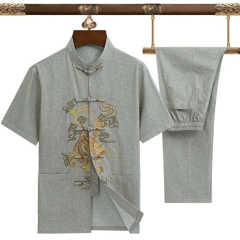 

Chinese Style Shirt Summer Embroidery Tangsuit Wushu Male Clothes Tops Vintage Traditional Chinese Blouse For Men Plus Size