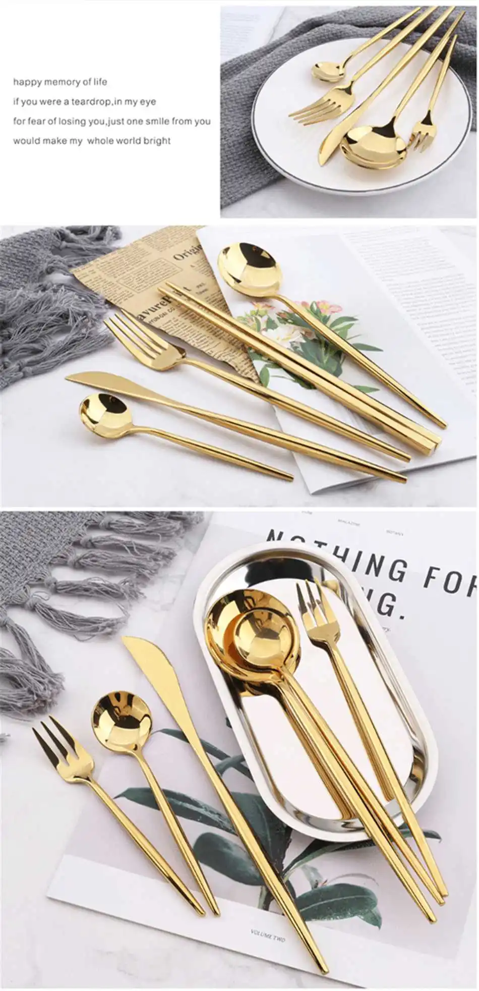 High Quality Gold Cutlery Set Stainless Steel Portable Dinnerware Set Mirror Polishing Food Steak Fork Spoon Knife Chopstick 1pc