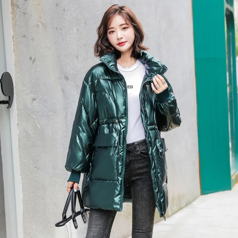 Shiny Winter Jackets For Women 2022 New Korean Fashion Parkas Mid-Length Cotton Coat Stand-up Collar Loose Bread Jacket Trend