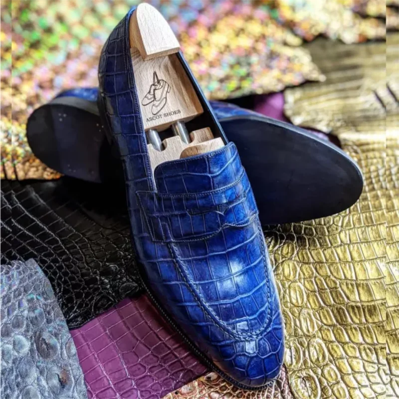 

Men's Handmade High-quality PU Blue Classic Crocodile Pattern Slip-on Loafer Fashion Casual All-match Business Shoes YX064
