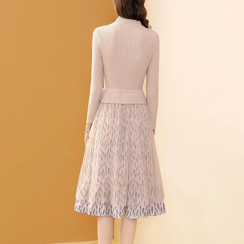 

Autumn Winter Women Fashion Printed Patchwork Knit Long Dresses Elegant Ladies Slim Casual Sweater Dress Vestidos De Mujer Y291