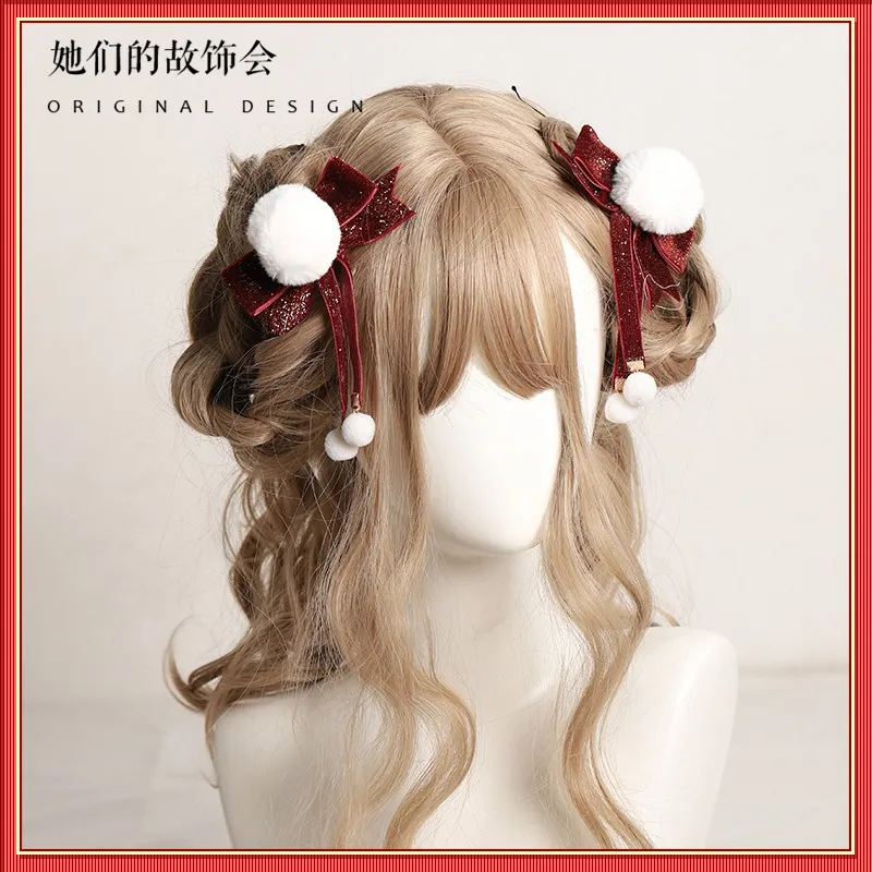 

Японский головной убор Lolita Girl Kawaii зажим для волос с бантиком Hairball кисточка боковой зажим краевой зажим двойной конский хвост головной убор ...