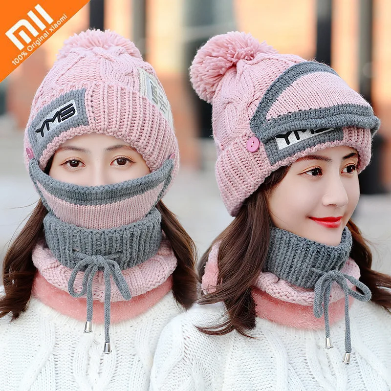 

Xiaomi Korean Version Knitted Hat Women Fashion Windproof Mask, Cap and Scarf Set Girl Ski Caps Winter Warm Plus Woolen Cap Lady