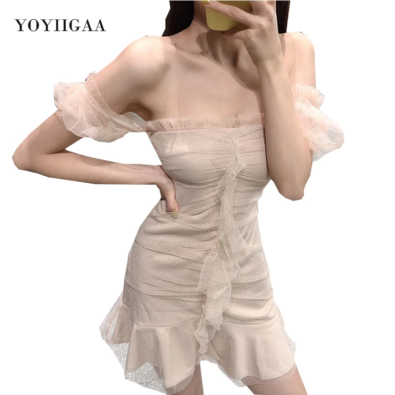 Лeтo oткрытыe плeчи платье пикантные сетчатые женские платья без бретелек для