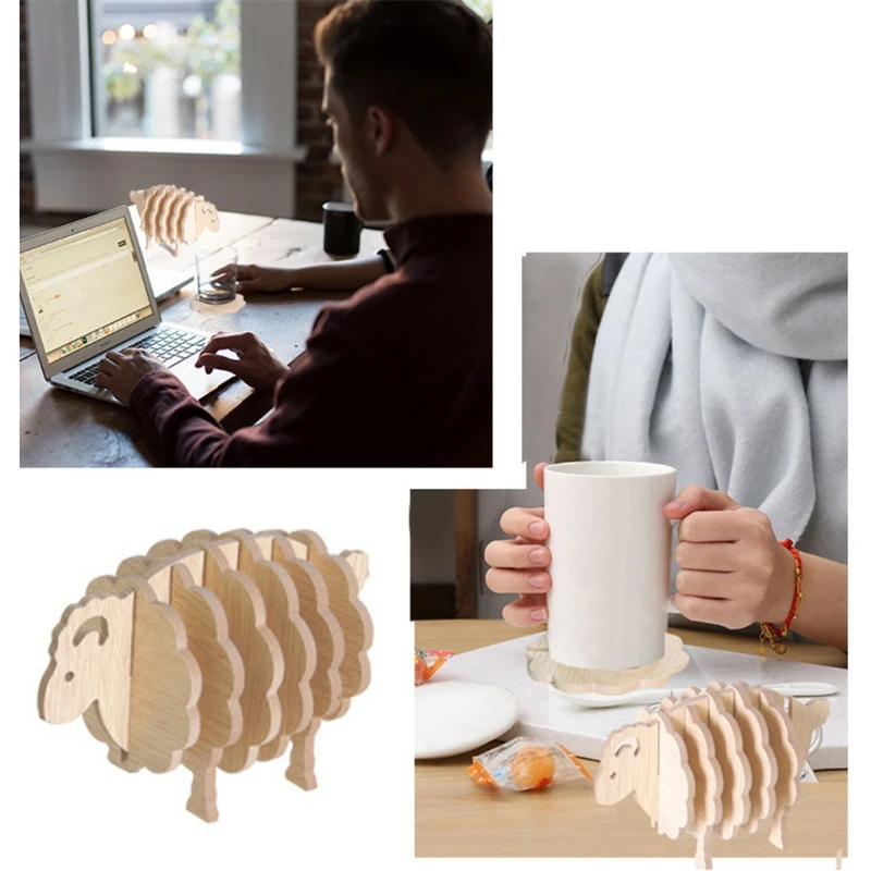 

Cute Creative Sheep Shape Coasters Wooden Anti Slip Heat Insulated Drink Place Mat DIY Coffee Cup Pad Gift Ornaments