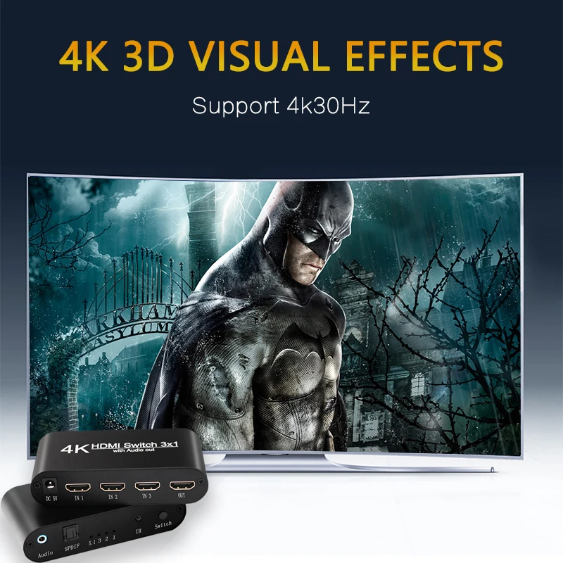 4K 3D HDMI переключатель 3 × 1 с выключателем аудио выход в оптический Toslink SPDIF