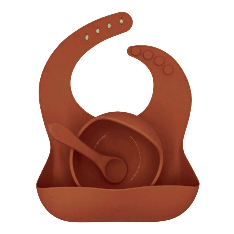 

3 Pcs Solid Colour Baby Silicone Bowl Toddler Feeding Bowl with Bib Spoon Portable Infant Dishes Kids Tableware Set Baby T8ND