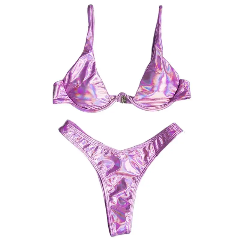 

Women Sexy Brazilian Bikini Set Holographic Metallic Push Up Underwire Swimsuit