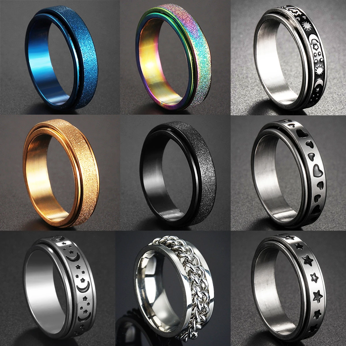

Punk Stainless Steel Spinner Ring Rock Chain Rotable Rings For Women Men Freely Spinning Anti Stress Accessories Gift 2022