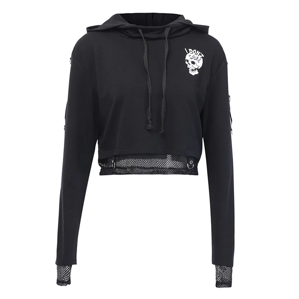Women Sweatshirts Cropped Hoodies Gothic Skull Printed Black Loose Short Mesh Patchwork Female Streetwear Hooded #L10 | Женская одежда