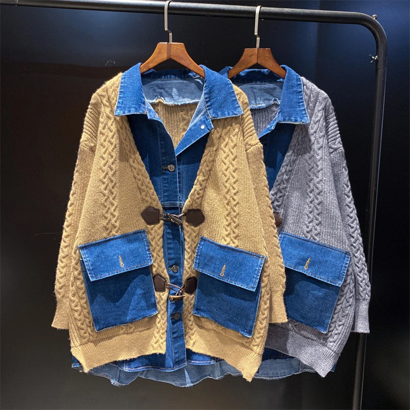 

Korea Chic Large size Denim Spliced Knitted Cardigan Women Autumn Winter 2021 New V-neck overcoats Long Sleeve Sweater Coat