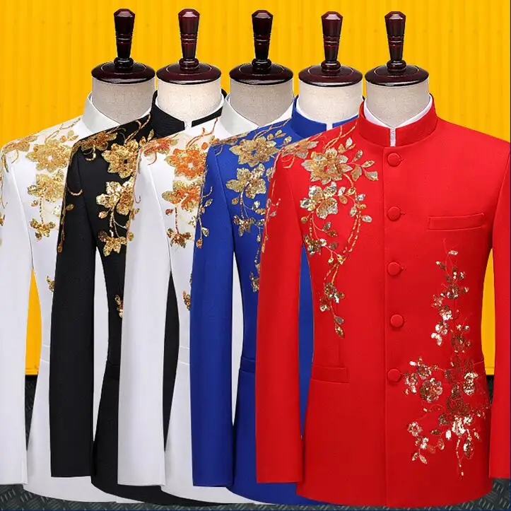 Red blazer men Chinese tunic suit Sequins jackets formal dress mens wedding suits costume singer stage clothing stand collar