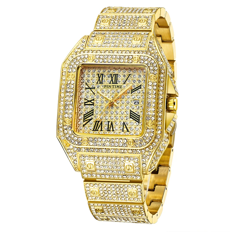 

PINTIME HIP HOP Men Watch Luxury Brand Diamond Iced Out Watch Men Calendar Male Quartz Wristwatch Relogio Masculino Reloj Hombre